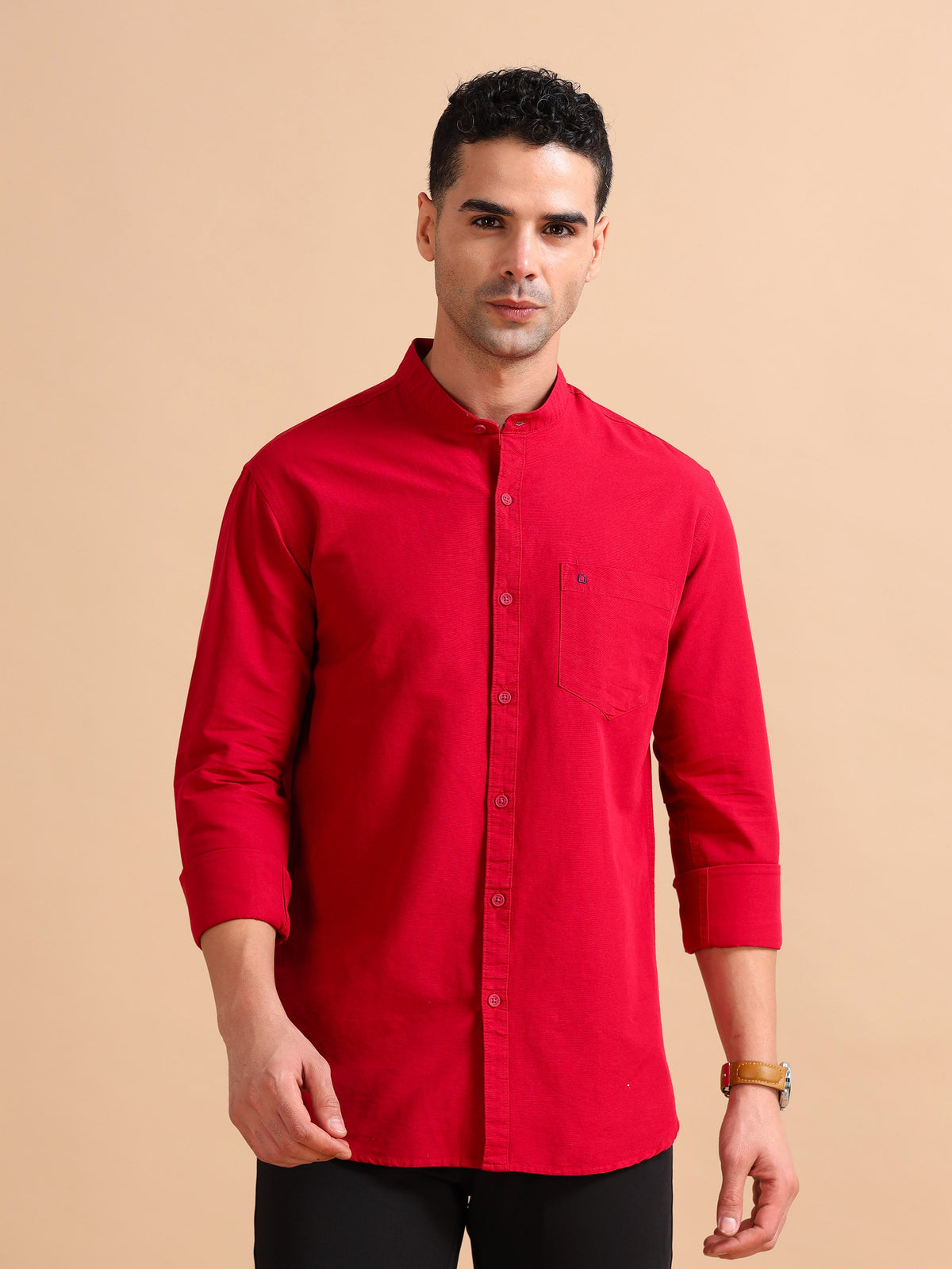 Men Red Slim Fit Solid Full Sleeve Casual Shirt