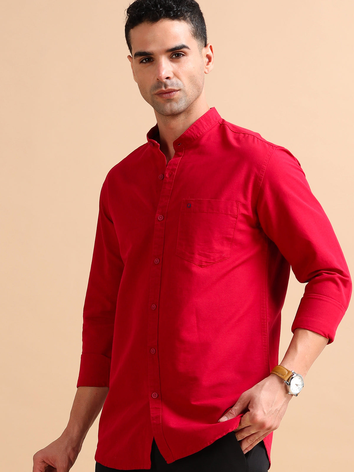 Men Red Slim Fit Solid Full Sleeve Casual Shirt