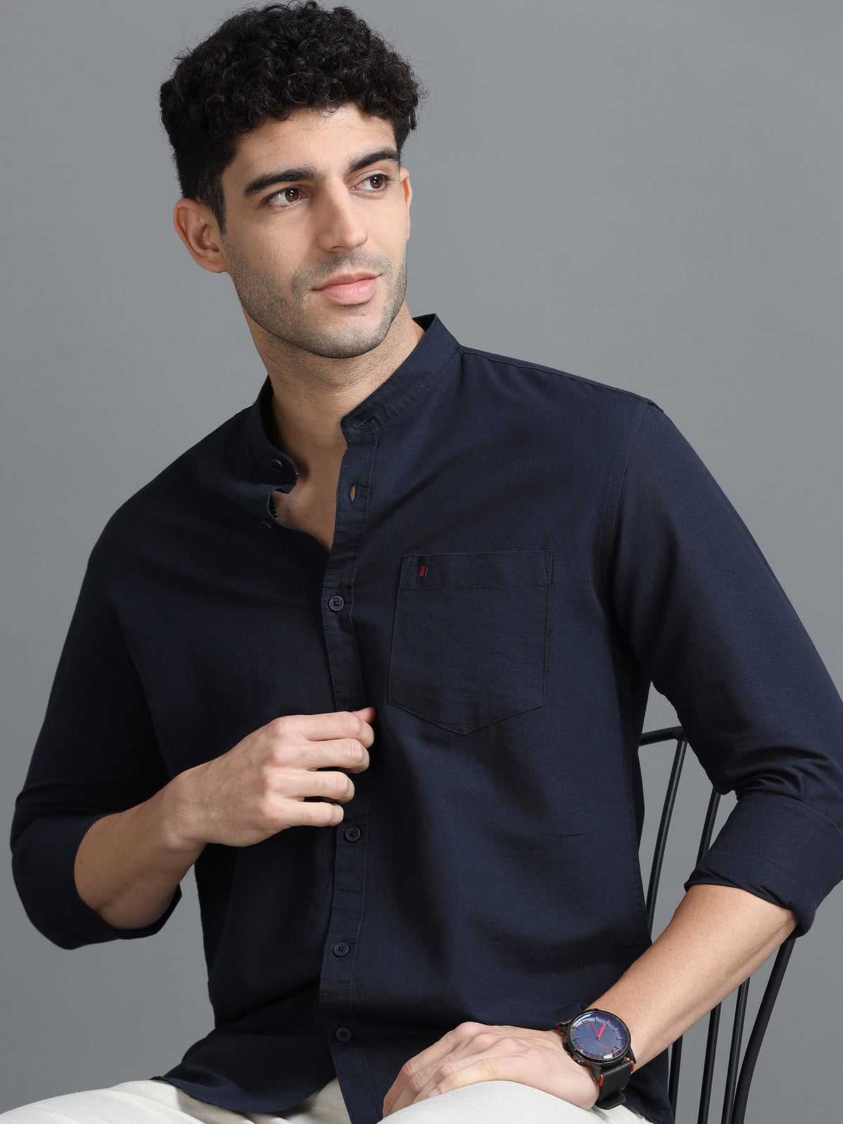 Men Navy Slim Fit Solid Full Sleeve Casual Shirt