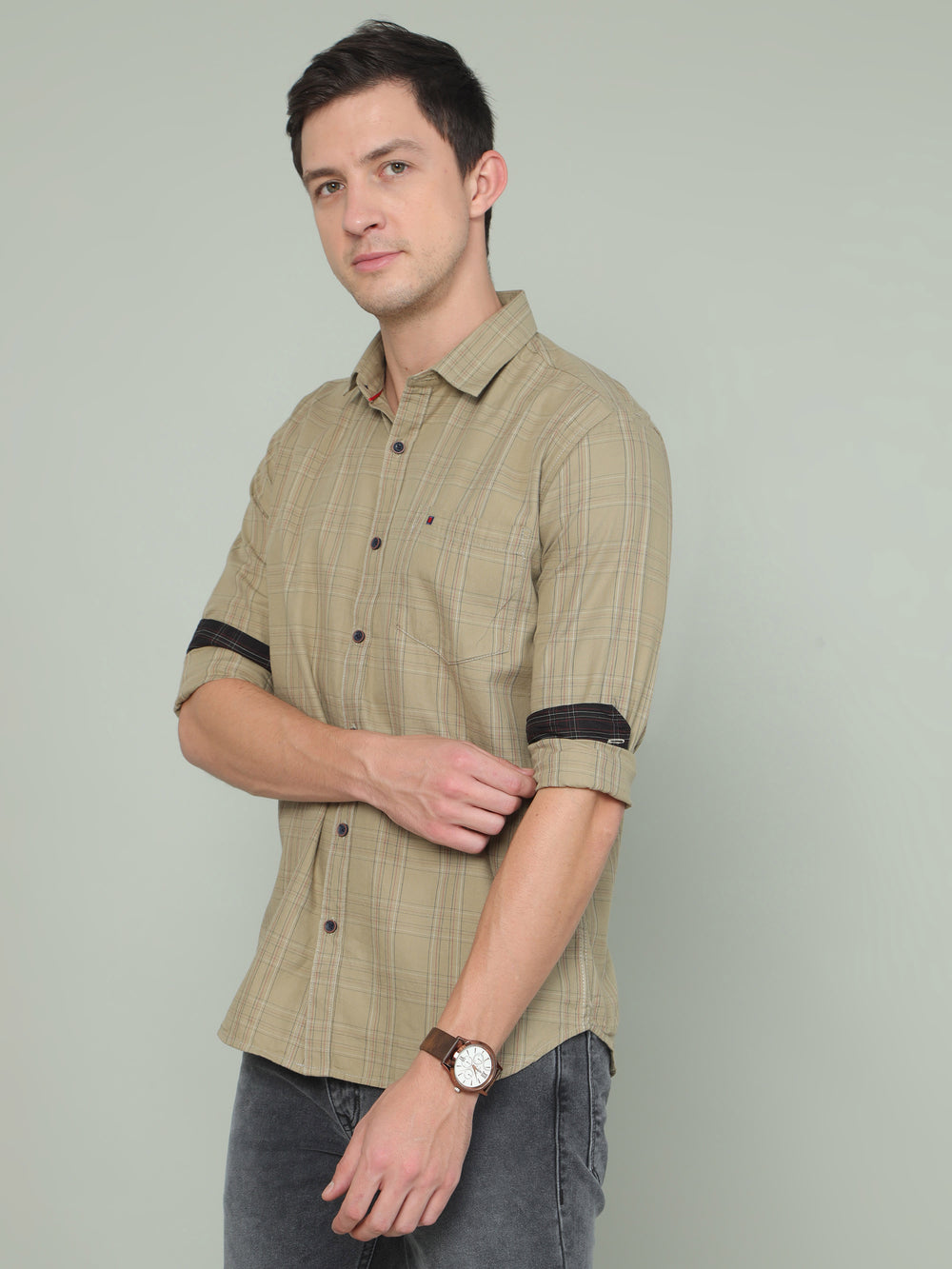 Men's Olive Slim Fit Checks Full Sleeves Casual Shirts