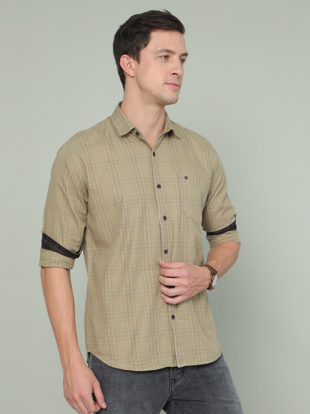 Men's Olive Slim Fit Checks Full Sleeves Casual Shirts