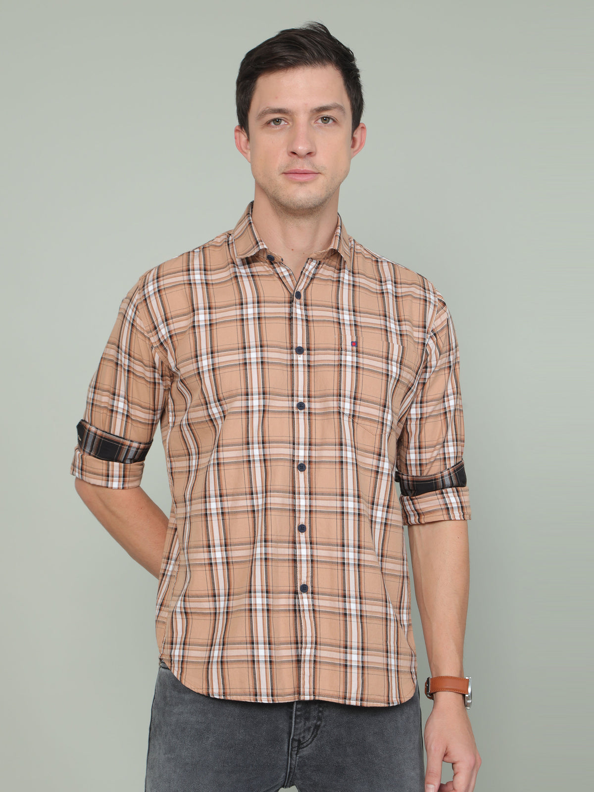 Shop Men's Brown Slim Fit Checks Full Sleeves Casual Shirts Online.