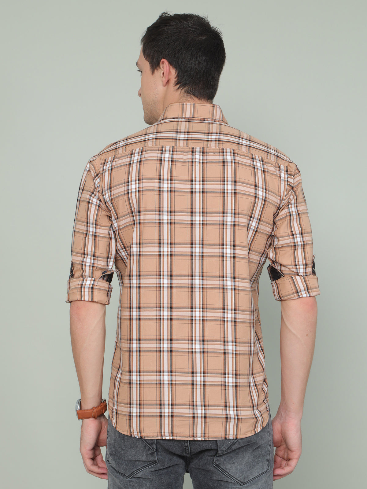 Men's Brown Slim Fit Checks Full Sleeves Casual Shirts