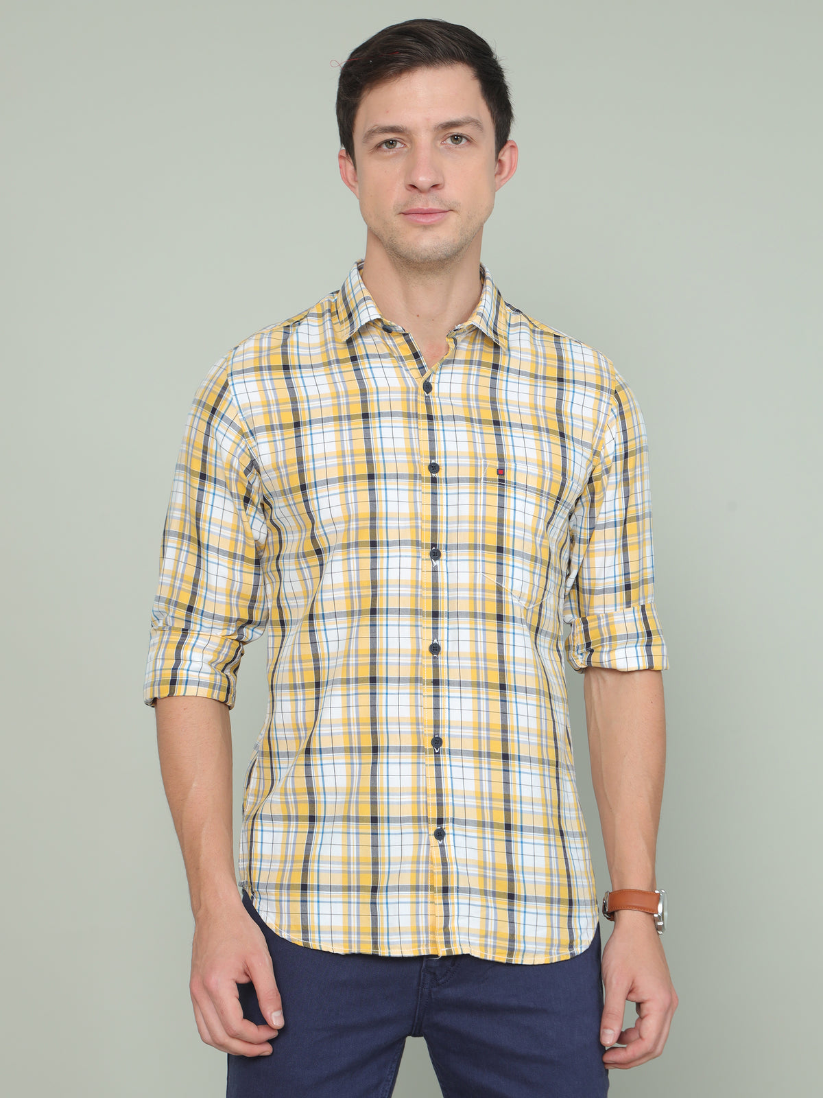 Shop Men's Yellow Slim Fit Checks Full Sleeves Casual Shirt Online.