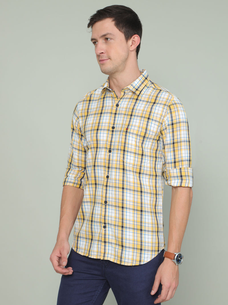 Shop Men's Yellow Slim Fit Checks Full Sleeves Casual Shirt Online.