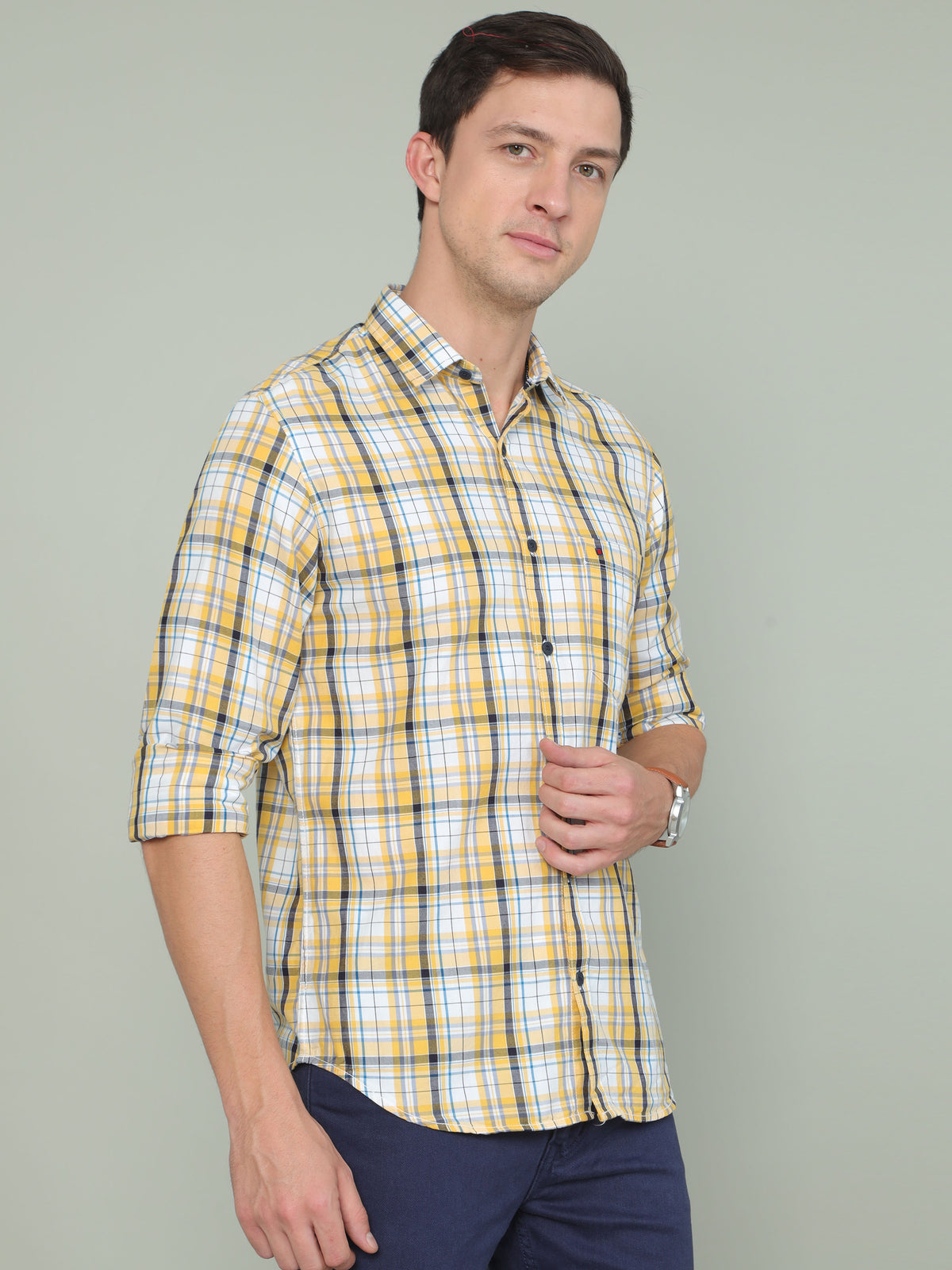 Men's Yellow Slim Fit Checks Full Sleeves Casual Shirts