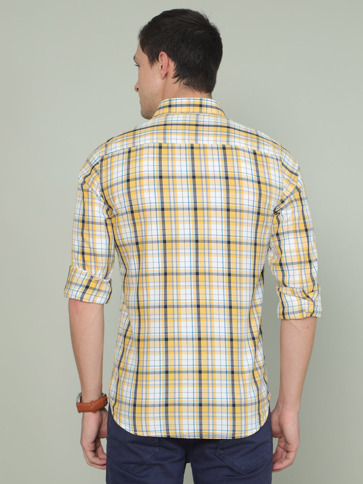 Men's Yellow Slim Fit Checks Full Sleeves Casual Shirts