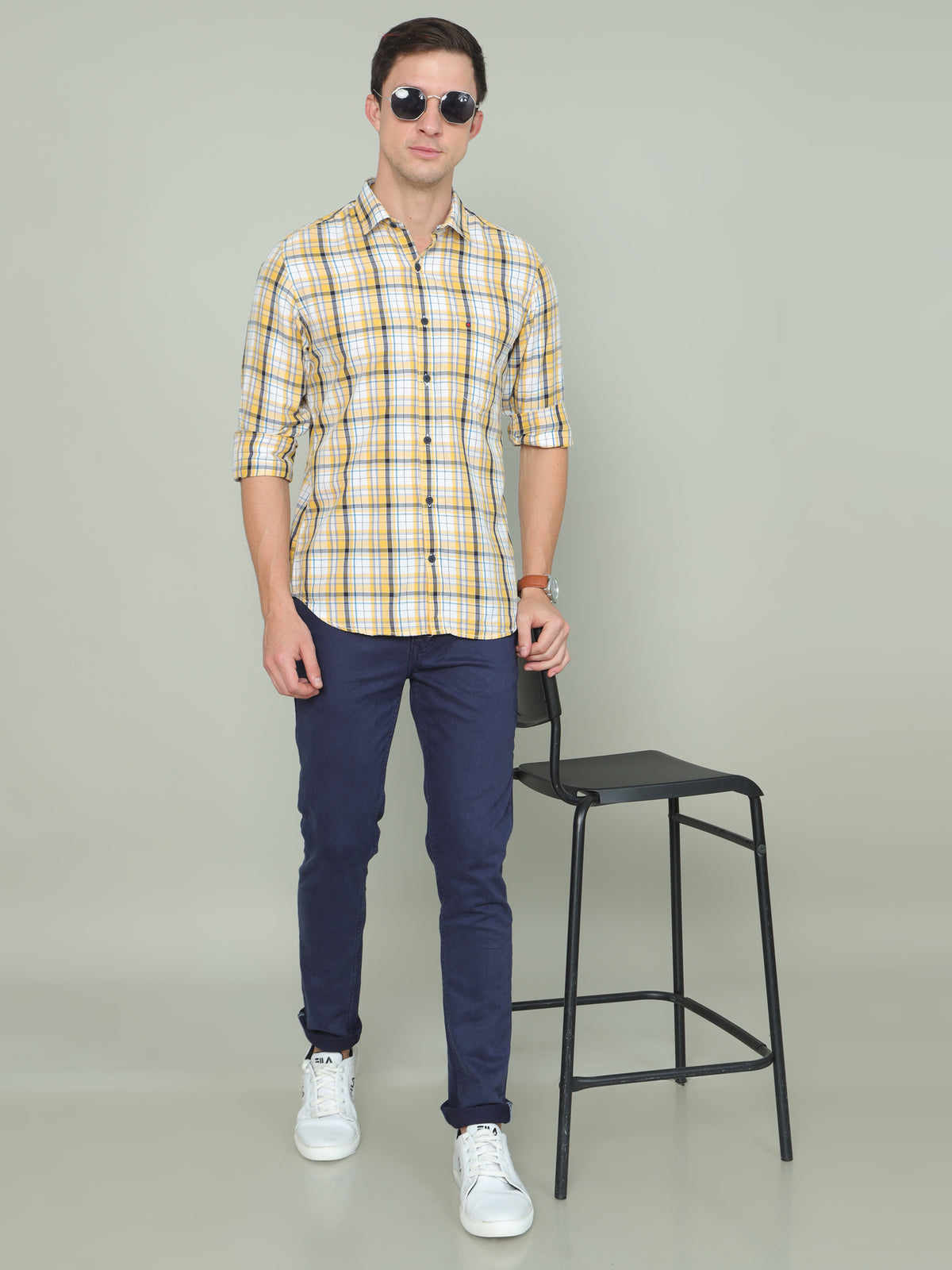 Shop Men's Yellow Slim Fit Checks Full Sleeves Casual Shirt Online.