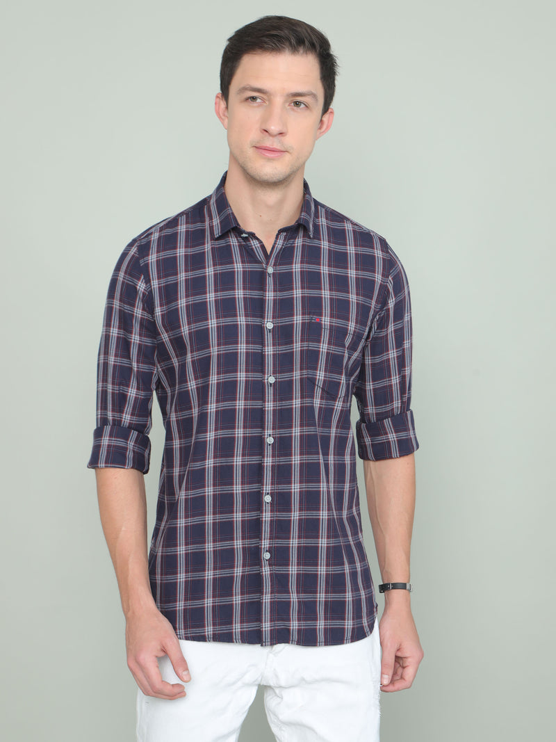 Shop Men's Blue Slim Fit Checks Full Sleeves Casual Shirts Online.