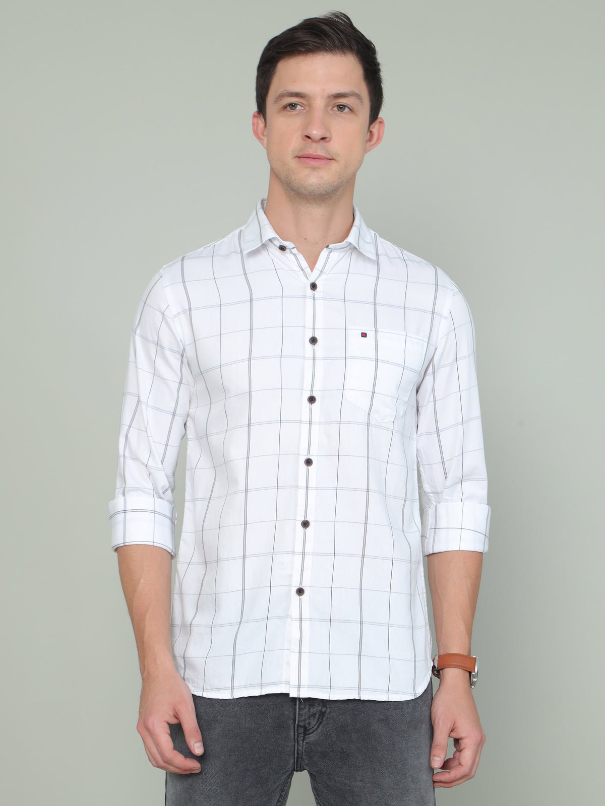 Men's White Slim Fit Checks Full Sleeves Casual Shirts