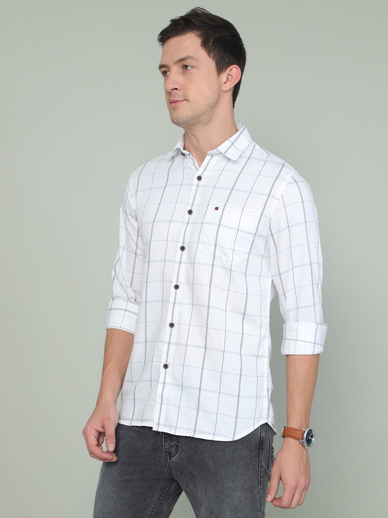 Shop Men's White Slim Fit Check Full Sleeves Casual Shirts Online.