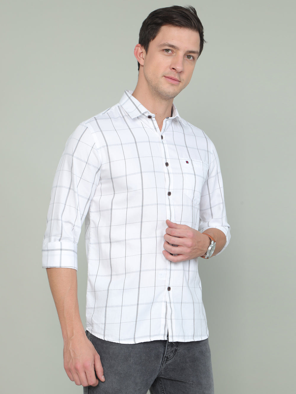 Men's White Slim Fit Checks Full Sleeves Casual Shirts