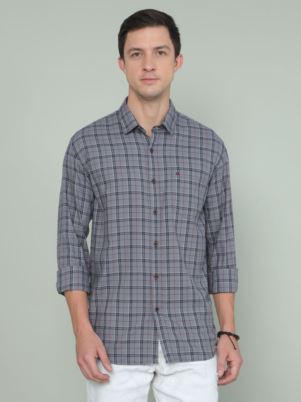 Shop Men's Grey Slim Fit Checks Full Sleeves Casual Shirt Online.