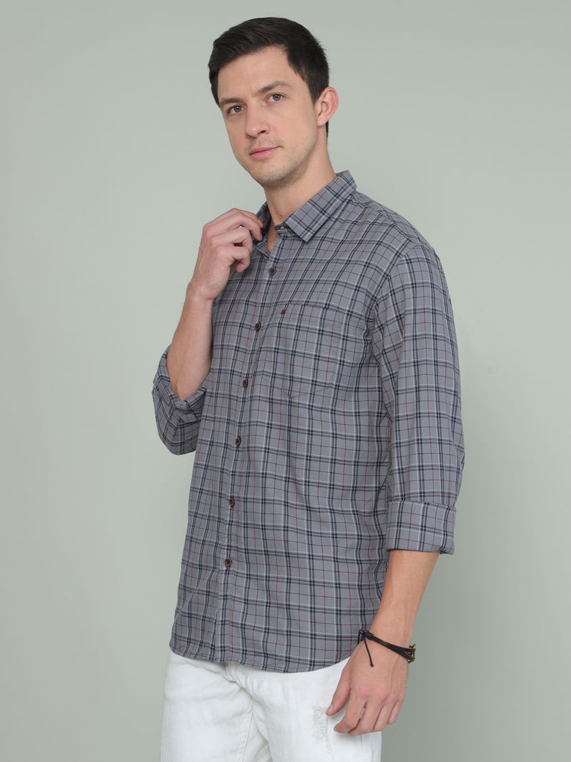 Shop Men's Grey Slim Fit Checks Full Sleeves Casual Shirt Online.