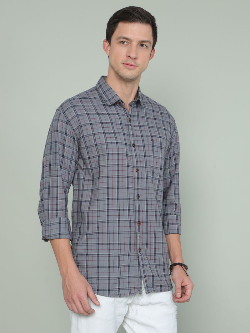 Shop Men's Grey Slim Fit Checks Full Sleeves Casual Shirt Online.