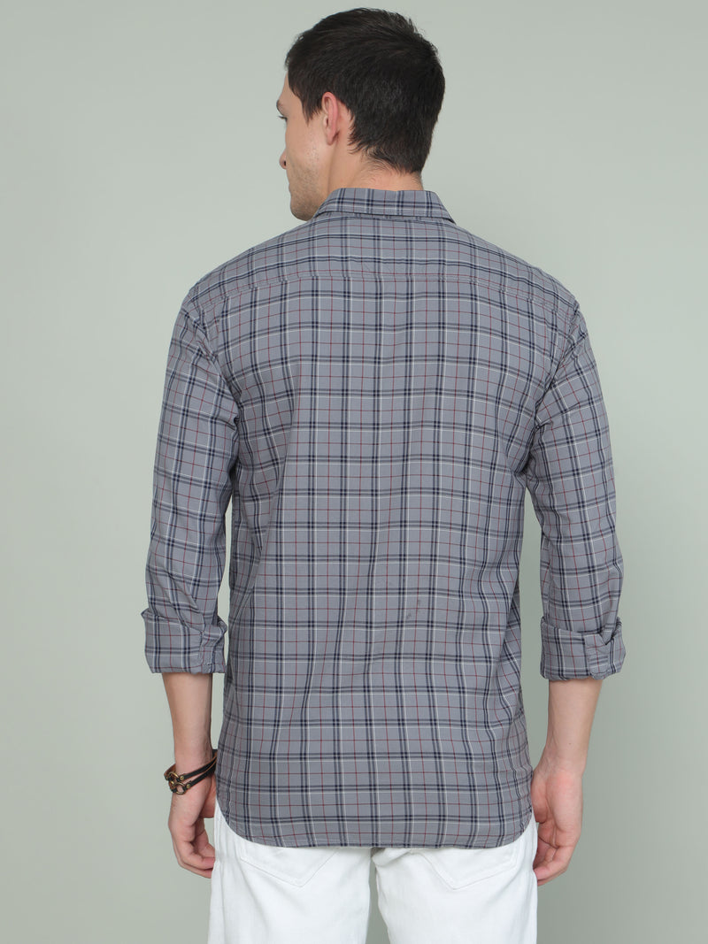 Shop Men's Grey Slim Fit Checks Full Sleeves Casual Shirt Online.