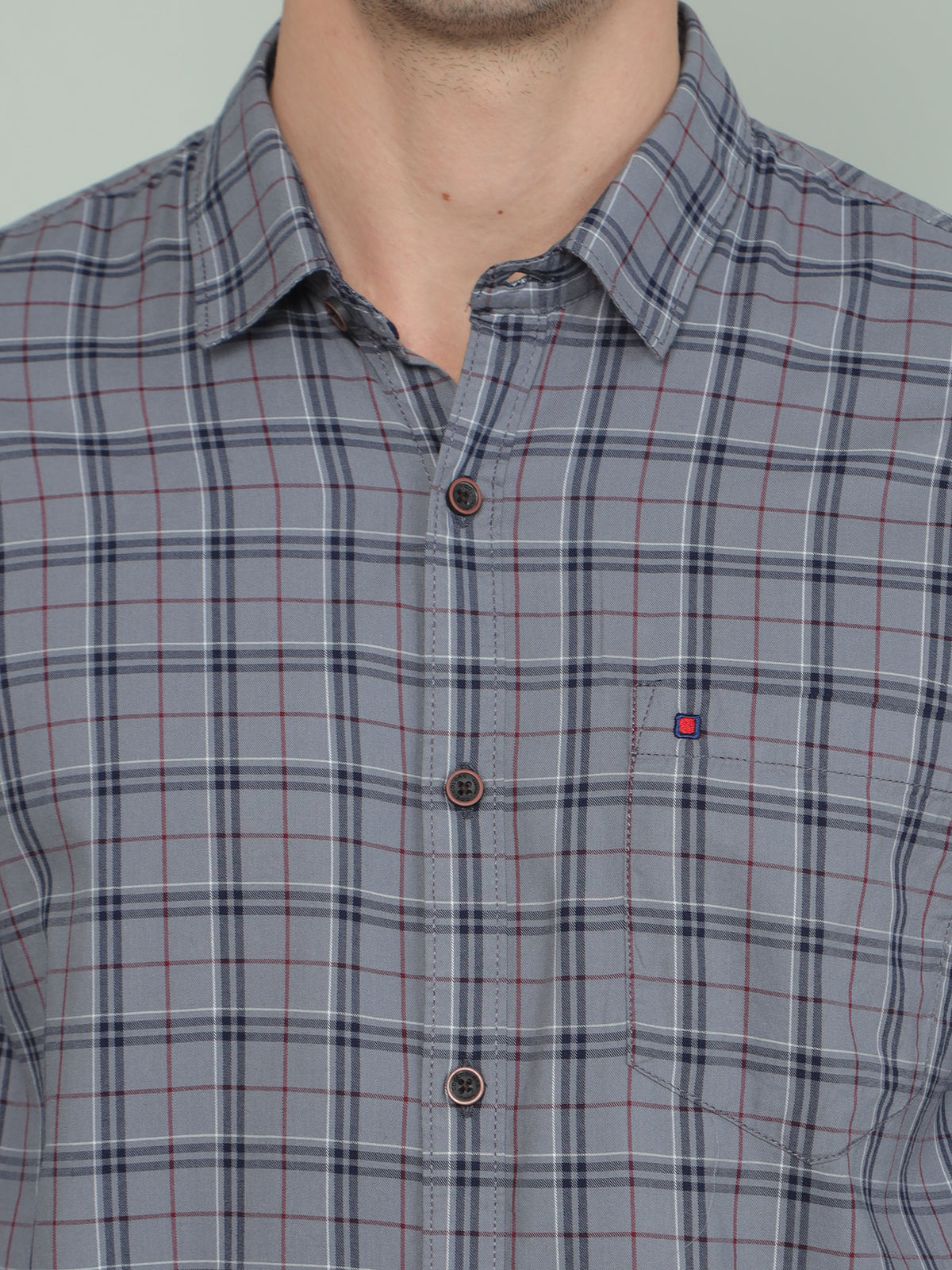 Shop Men's Grey Slim Fit Checks Full Sleeves Casual Shirt Online.