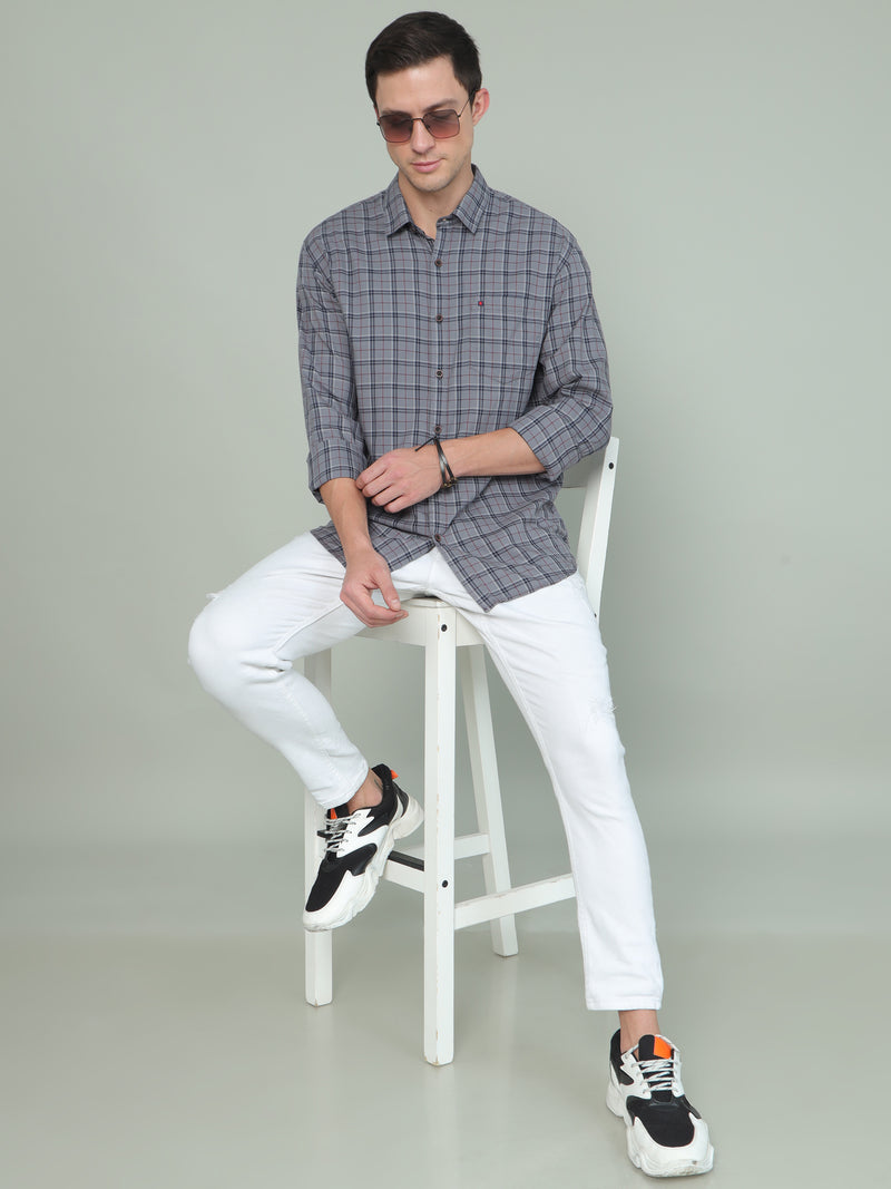 Shop Men's Grey Slim Fit Checks Full Sleeves Casual Shirt Online.