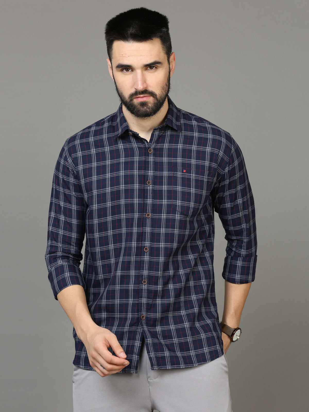 Men's Blue Slim Fit Checks Full Sleeves Casual Shirts