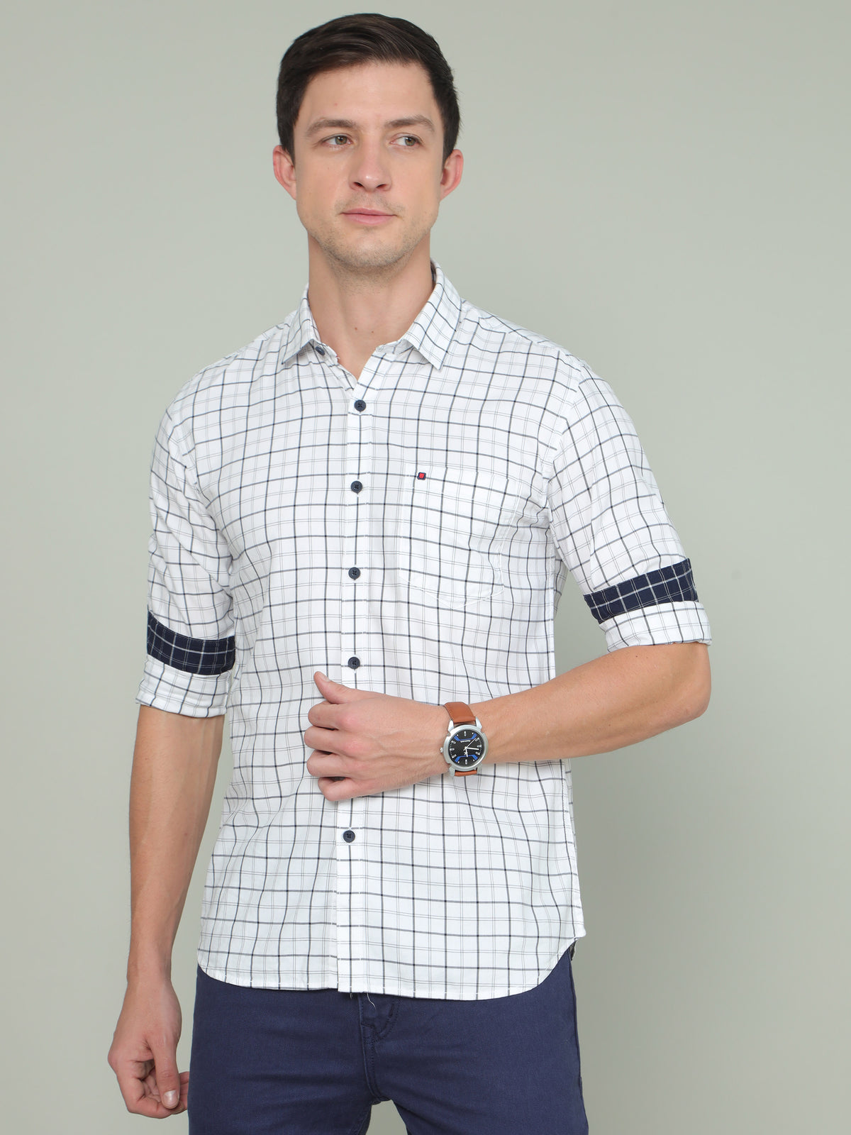 Shop Men's White Slim Fit Checks Full Sleeves Casual Shirts Online.