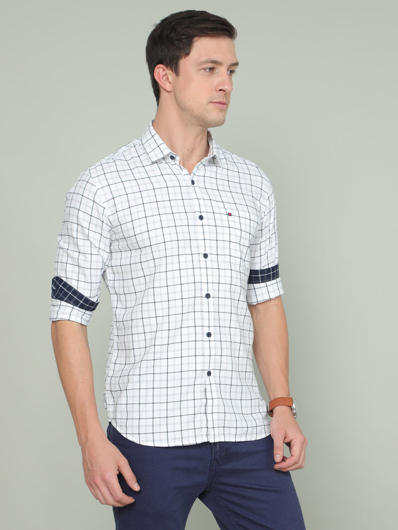 Shop Men's White Slim Fit Checks Full Sleeves Casual Shirts Online.