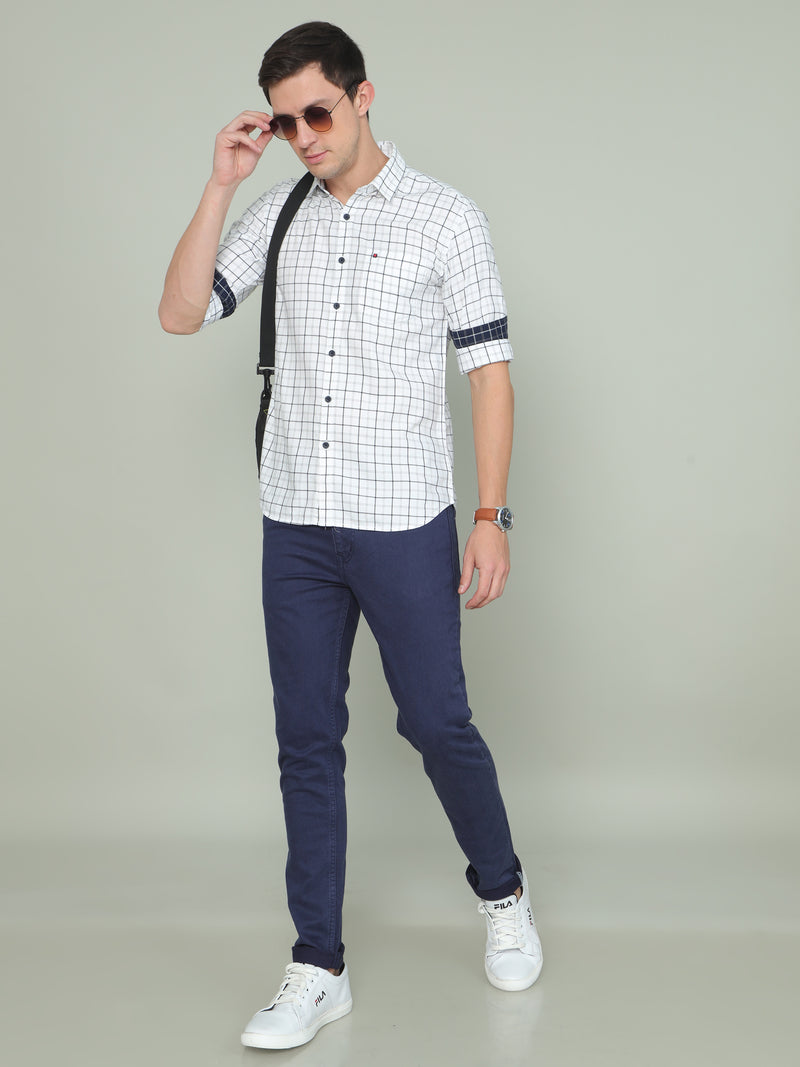 Shop Men's White Slim Fit Checks Full Sleeves Casual Shirts Online.