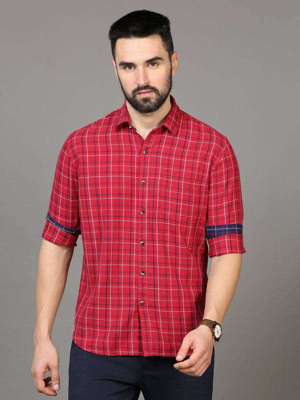 Men's Maroon Slim Fit Checks Full Sleeves Casual Shirts