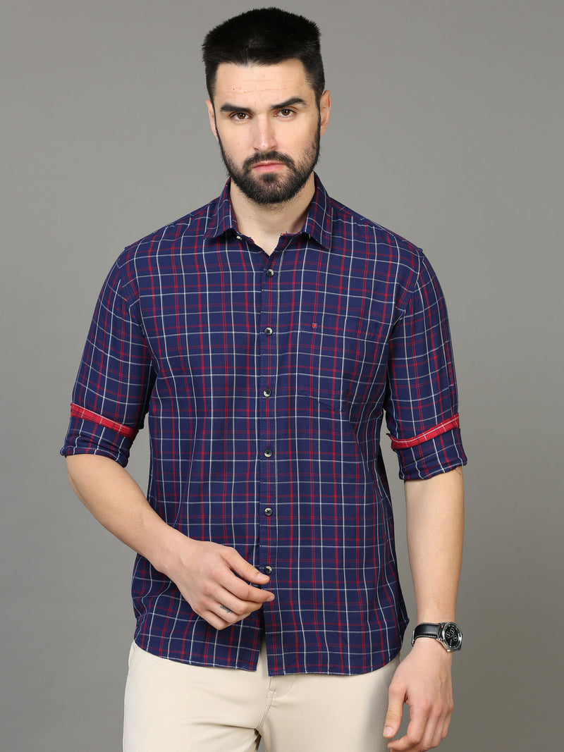 Shop Men's Blue Slim Fit Checks Full Sleeves Casual Shirts Online.