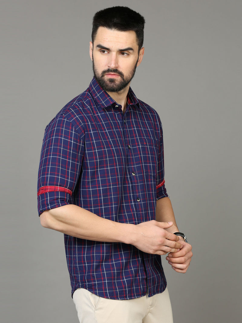 Shop Men's Blue Slim Fit Checks Full Sleeves Casual Shirts Online.