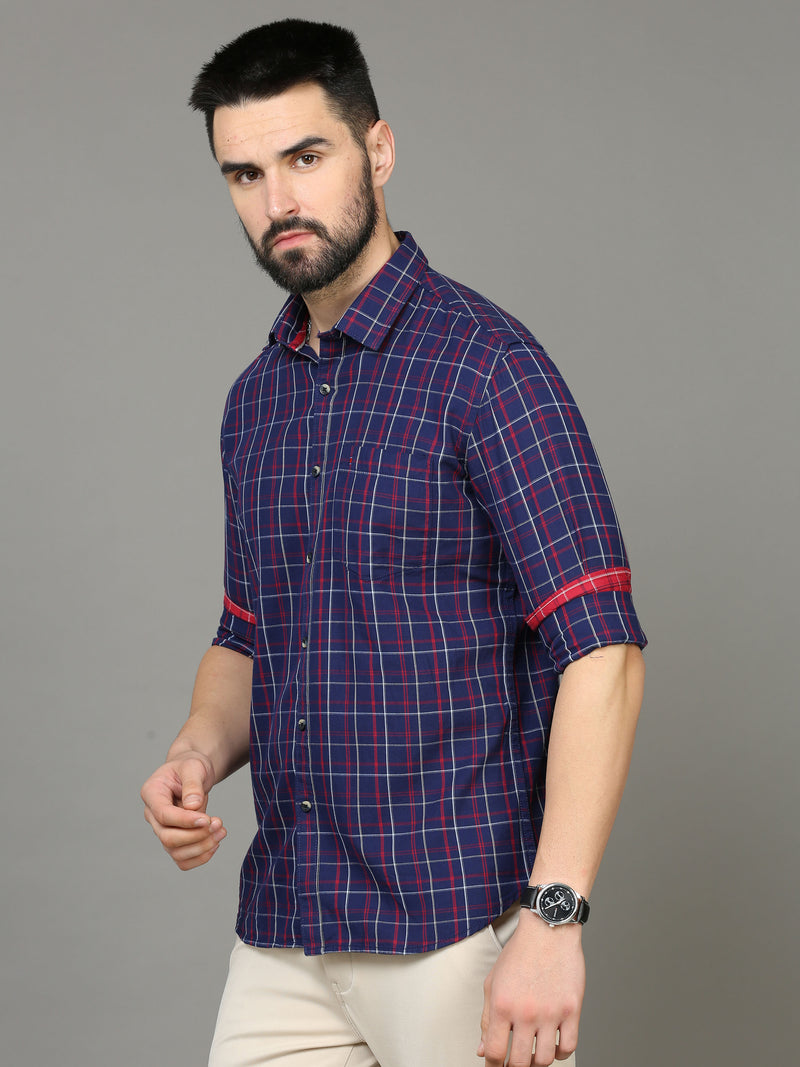 Shop Men's Blue Slim Fit Checks Full Sleeves Casual Shirts Online.