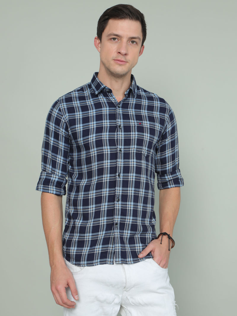 Shop Men's Blue Slim Fit Checks Full Sleeves Casual Shirt Online.