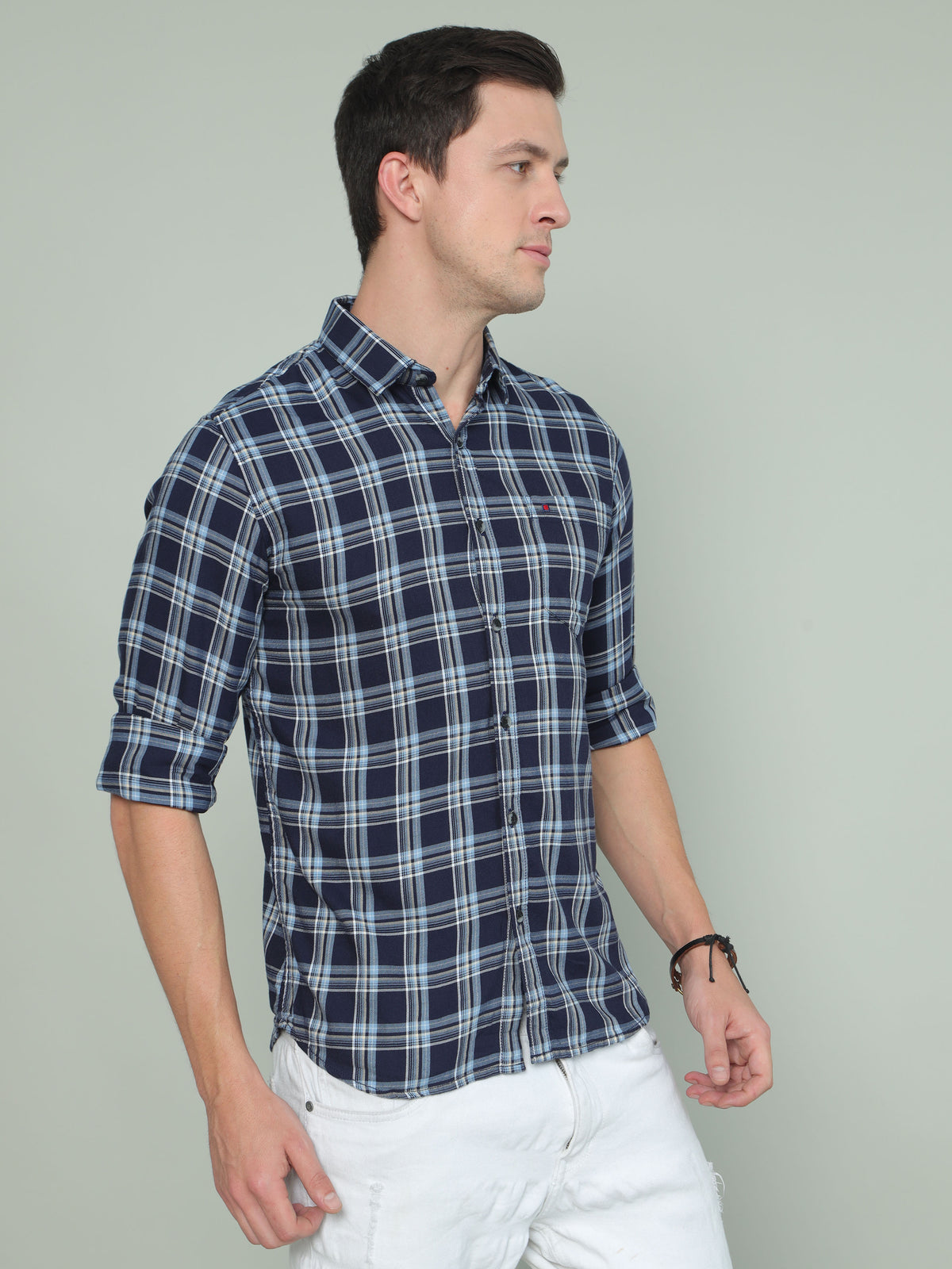 Shop Men's Blue Slim Fit Checks Full Sleeves Casual Shirt Online.