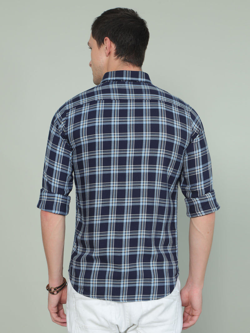 Shop Men's Blue Slim Fit Checks Full Sleeves Casual Shirt Online.