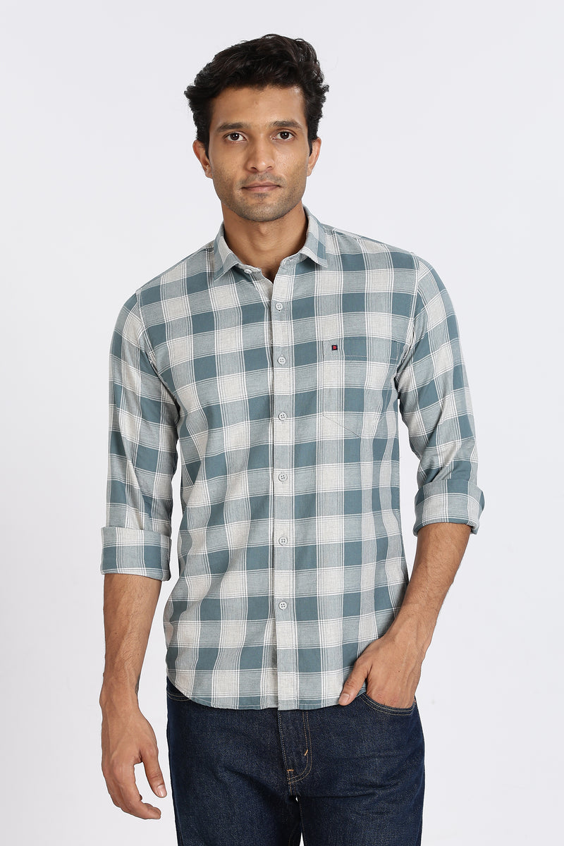 Men Green Chess Square Check Full Sleeve Slim Fit Casual Shirts