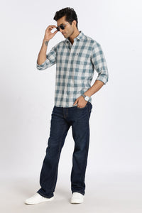 Men Green Chess Square Check Full Sleeve Slim Fit Casual Shirts