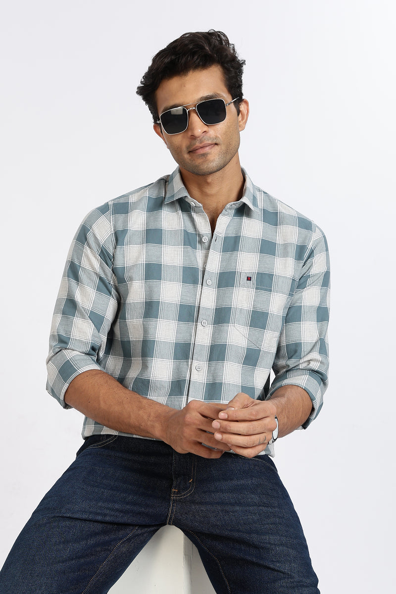 Men Green Chess Square Check Full Sleeve Slim Fit Casual Shirts
