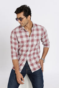 Men Brown Chess Square Check Full Sleeve Slim Fit Casual Shirts