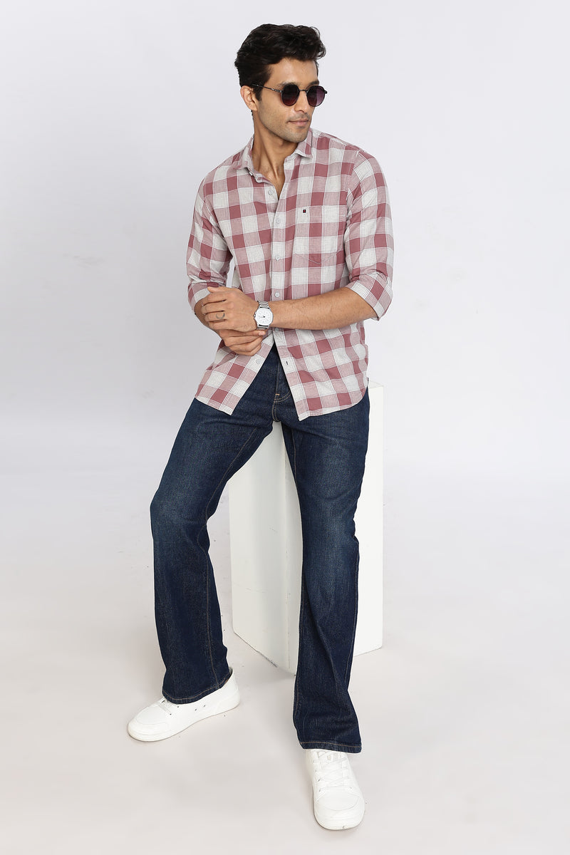 Men Brown Chess Square Check Full Sleeve Slim Fit Casual Shirts