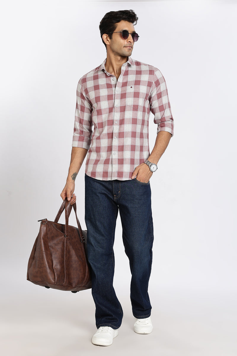 Men Brown Chess Square Check Full Sleeve Slim Fit Casual Shirts