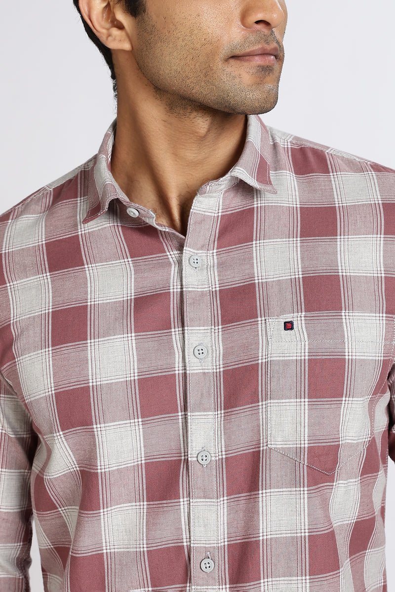 Men Brown Chess Square Check Full Sleeve Slim Fit Casual Shirts