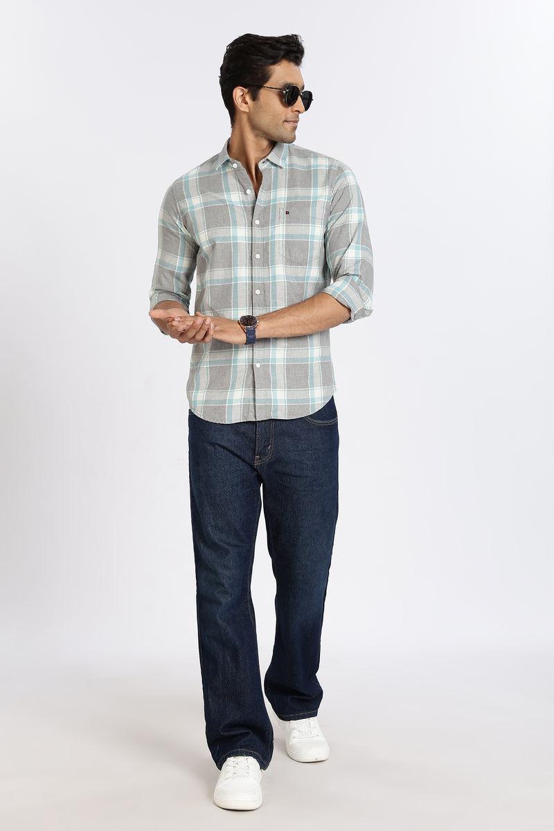 Men Grey Checkered Full Sleeve Slim Fit Casual Shirt