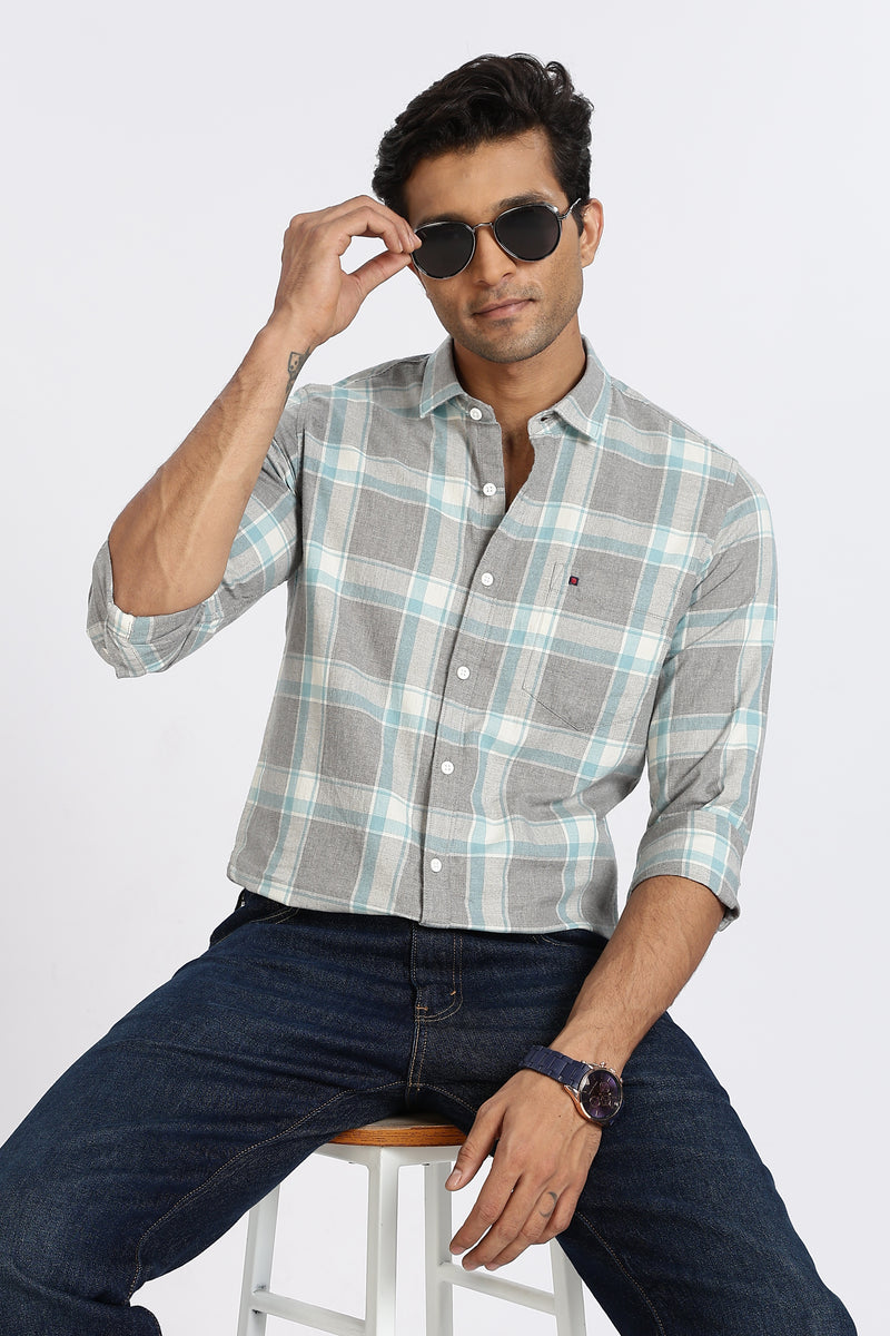 Men Grey Checkered Full Sleeve Slim Fit Casual Shirt