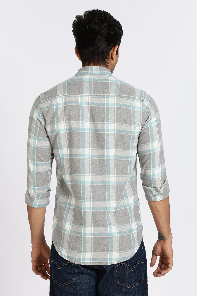 Men Grey Checkered Full Sleeve Slim Fit Casual Shirt