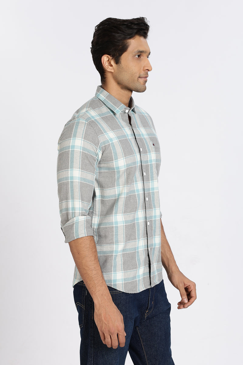 Men Grey Checkered Full Sleeve Slim Fit Casual Shirt