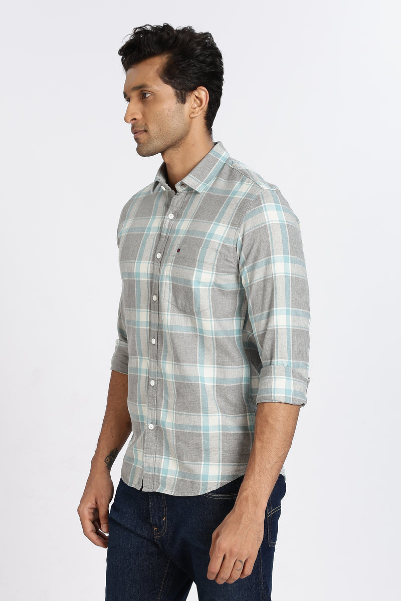 Men Grey Checkered Full Sleeve Slim Fit Casual Shirt