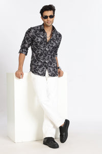 Men Black Floral Print Full Sleeve Slim Fit Casual Shirt