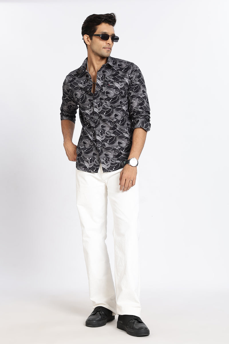 Men Black Floral Print Full Sleeve Slim Fit Casual Shirt