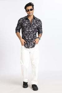 Men Black Floral Print Full Sleeve Slim Fit Casual Shirt
