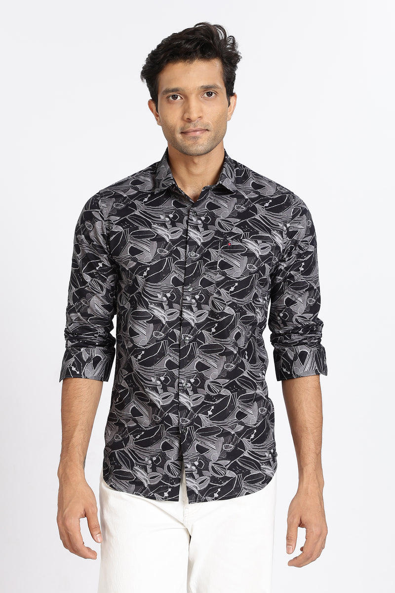 Men Black Floral Print Full Sleeve Slim Fit Casual Shirt