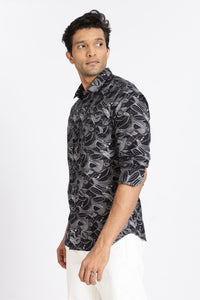 Men Black Floral Print Full Sleeve Slim Fit Casual Shirt
